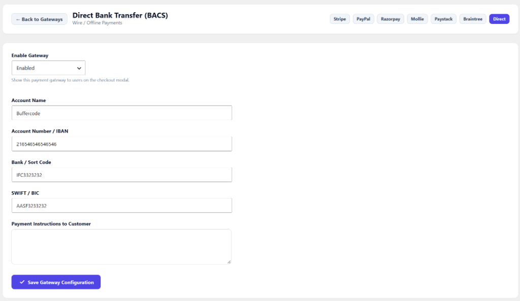 GateFuz Direct Bank Transfer BACS Configuration