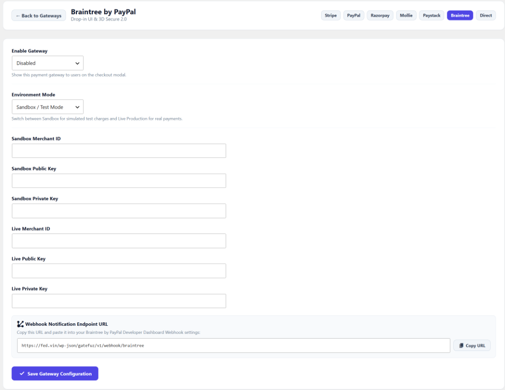 GateFuz Braintree by PayPal Gateway Configuration
