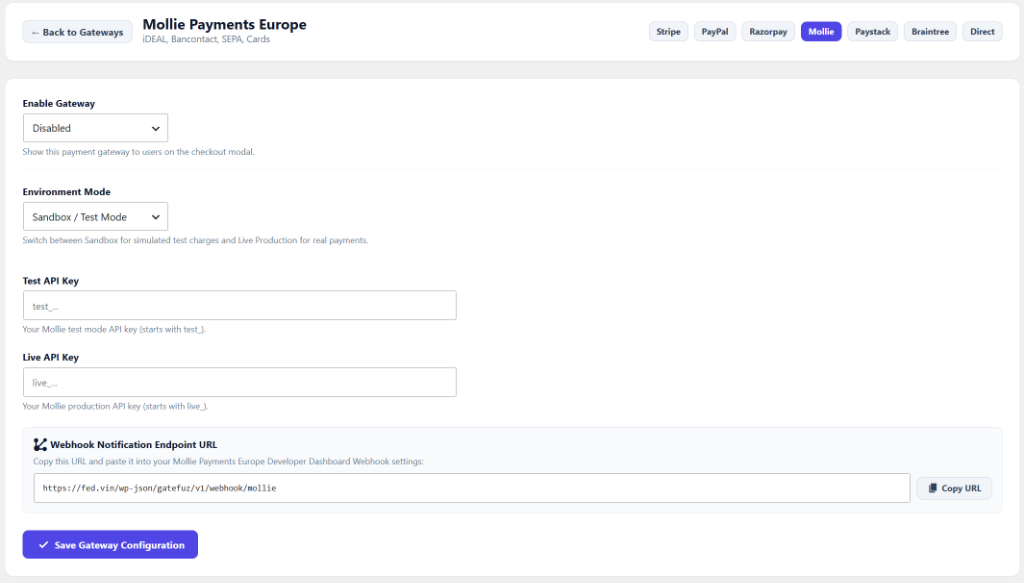GateFuz Mollie Payments Europe Gateway Configuration
