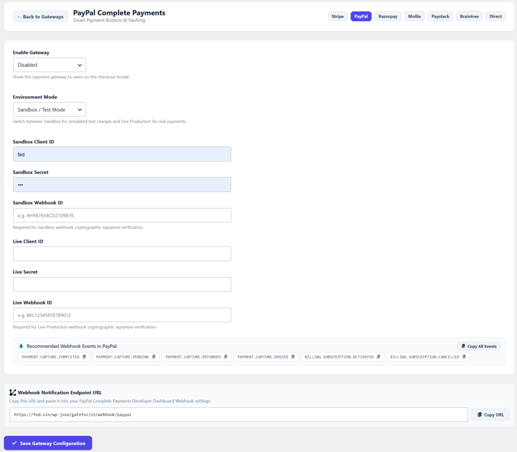 GateFuz PayPal Complete Payments Gateway Configuration