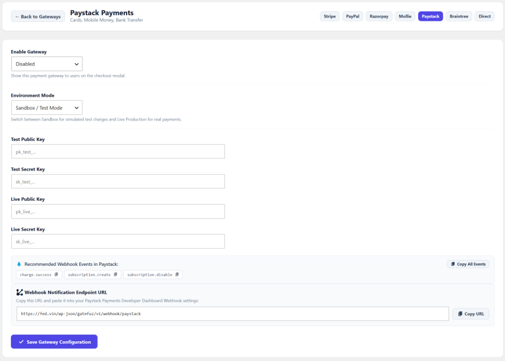 GateFuz Paystack Payments Gateway Configuration