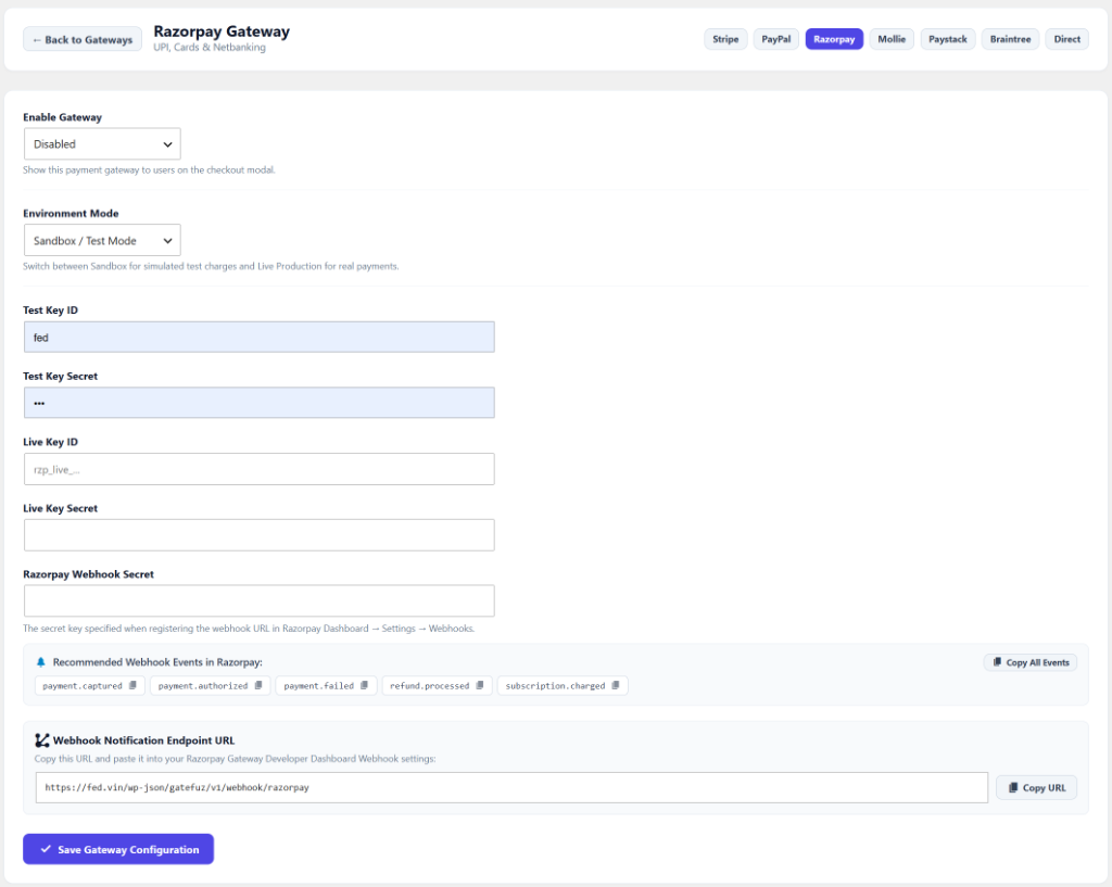 GateFuz Razorpay Gateway Configuration