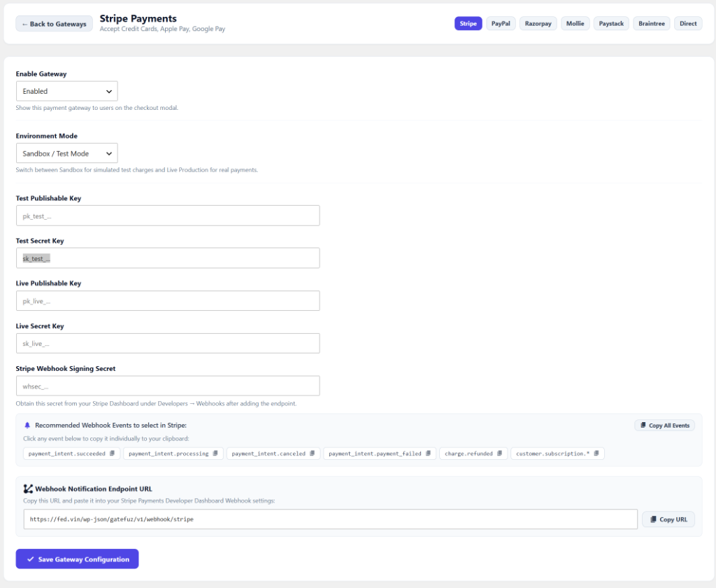 GateFuz Stripe Payments Gateway Configuration