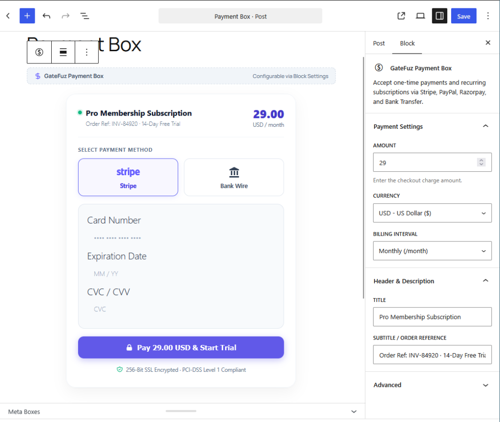 GateFuz Payment Box Gutenberg Block Editor View
