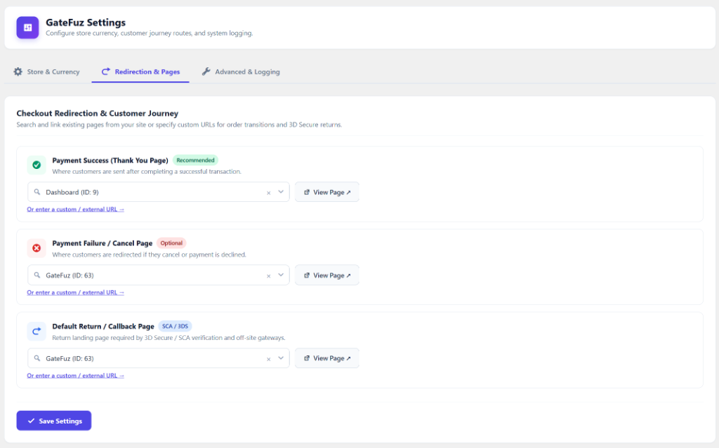 GateFuz Settings - Checkout Redirection & Customer Journey