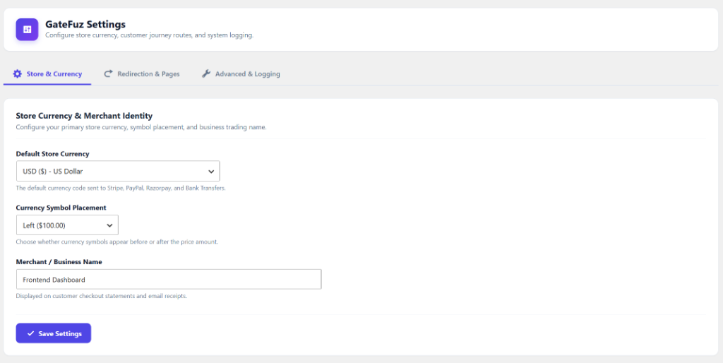 GateFuz Settings - Store & Currency