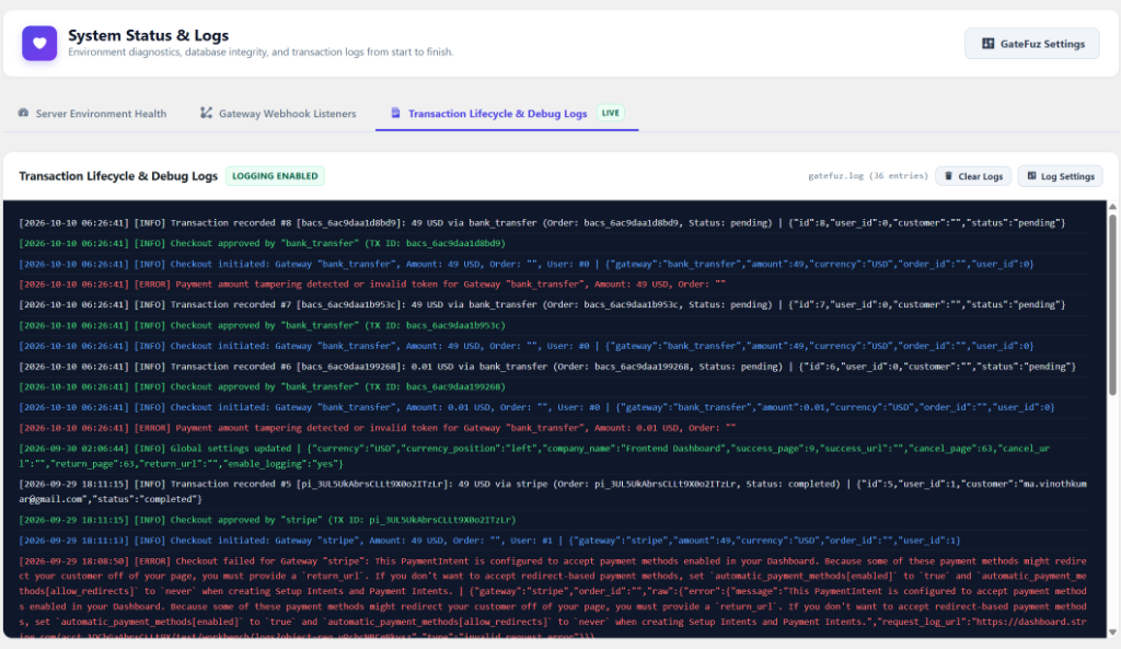 GateFuz Transaction Lifecycle and Debug Logs Console